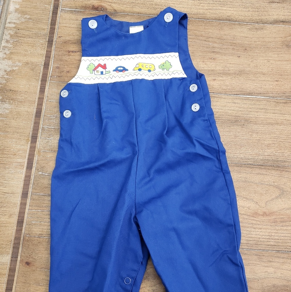 Baby boy first day of school blue overalls 6-9 mo